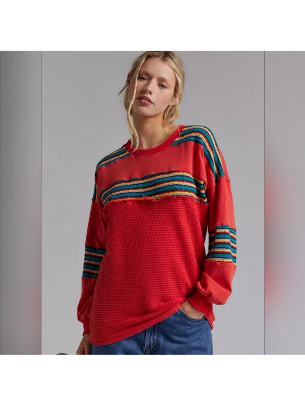 NWT BDG Red Rugby Oversized Waffle Knit Long Sleeve Pullover Tee